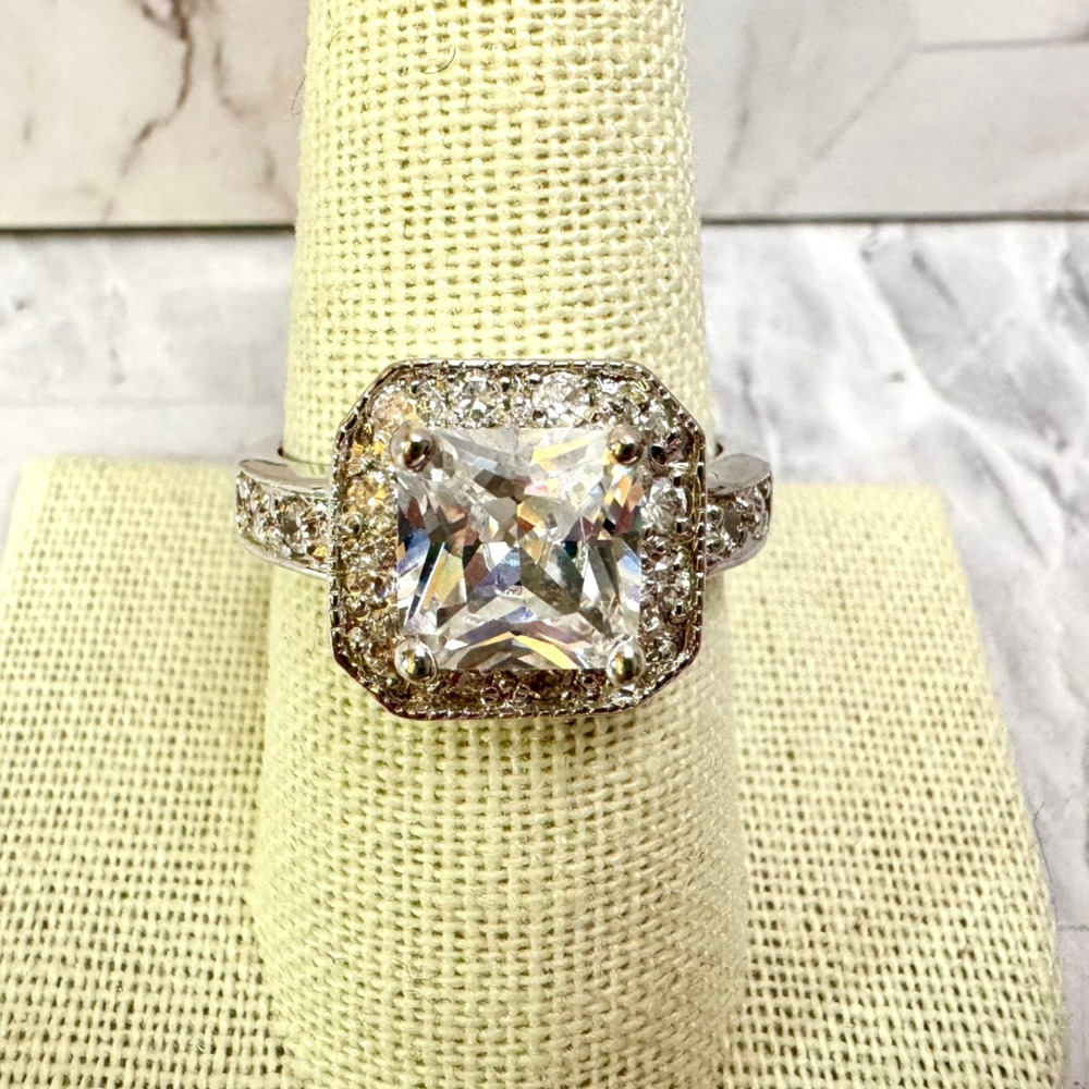 Silver Tone CZ Cushion Princess Cocktail Ring 8mm Halo Cut Sz 9 Cubic Zirconia